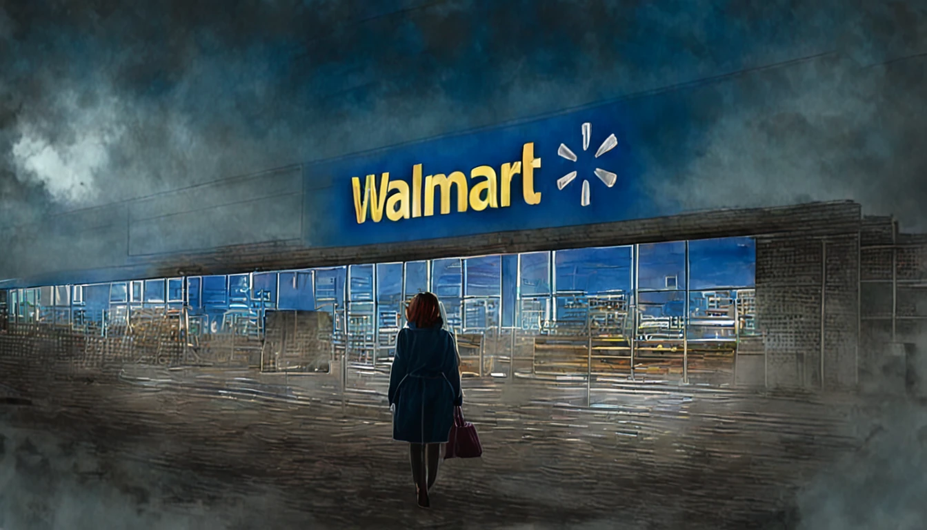 a woman going to the Walmart supermarket, realistic colors, ominous atmosphere