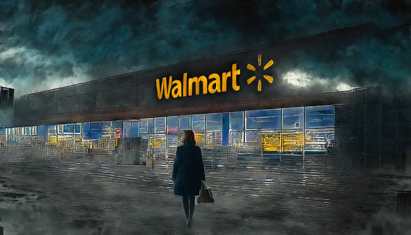 a woman going to the Walmart supermarket, realistic colors, ominous atmosphere