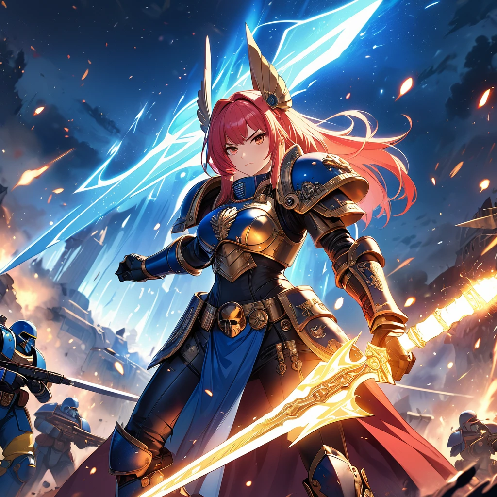 An Epic Fantasy Masterpiece in 8K Anime Digital Art Style, inspired by Warhammer 40k, presents a Battle Sister of the Fierce Anthro Goddess, wielding a Thundering Power Sword with an exquisite level of detail. Dressed in Elegant Space Marine Armor, meticulously engraved and glowing with a luminosity befitting a masterpiece, she stands tall and ready for combat amidst a Chaotic Battlefield. The imagery encapsulates the Essence of Intense Conflict, serving as a Visual Feast that demonstrates the height of artistry and quality in this genre. The High-Resolution Anime Digital Art style
