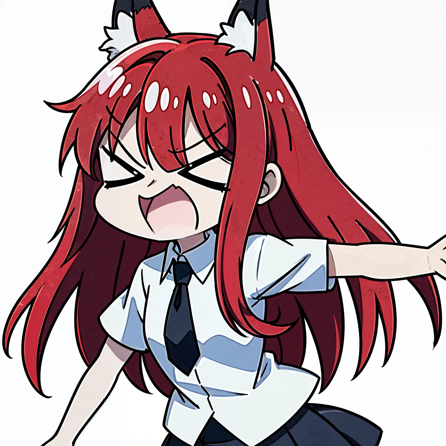 1girl ,angry face,white shirt,short sleeves,(black standard tie),white school skirt,(red hair),long hair,fox ears,(white background, line drawing),sketch,open mouth,chibi,closed eyes