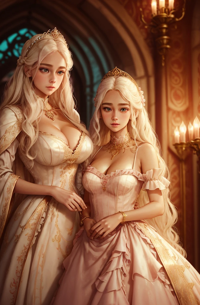 White Blonde hair, fluffy hair, stylish hair, long hair, lilac eyes, perfect eyes, beautiful, perfect face, tween, dainty , short, kind, curvy, a flowing pale airy gown with ruffles along the bottom with tiny pink flowers and gold dragon embroideries with flowers, Her tiara had a pretty teal gemstones, silver necklace, noble class, royal, royalty, red castle, feasting hall, medieval, elegant surroundings, soft dewy makeup look, light peach blush, soft tan eyeshadow, light coral lipstick, cutesy, girlish, girly, guileless, ingénue, princess , whimsical lighting, Targaryen, dragons in the sky, photorealistic