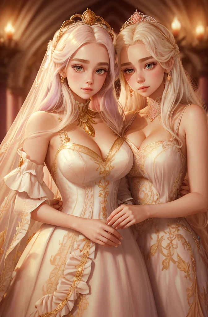 White Blonde hair, fluffy hair, stylish hair, long hair, lilac eyes, perfect eyes, beautiful, perfect face, tween, dainty , short, kind, curvy, a flowing pale airy gown with ruffles along the bottom with tiny pink flowers and gold dragon embroideries with flowers, Her tiara had a pretty teal gemstones, silver necklace, noble class, royal, royalty, red castle, feasting hall, medieval, elegant surroundings, soft dewy makeup look, light peach blush, soft tan eyeshadow, light coral lipstick, cutesy, girlish, girly, guileless, ingénue, princess , whimsical lighting, Targaryen, dragons in the sky, photorealistic