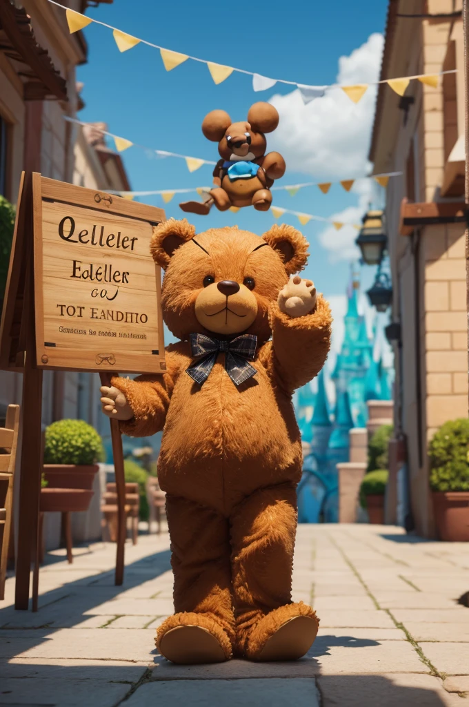A caramel teddy bear with a sign in his hands saying Atelier Jardim Encantado style Disney Pixar 3D