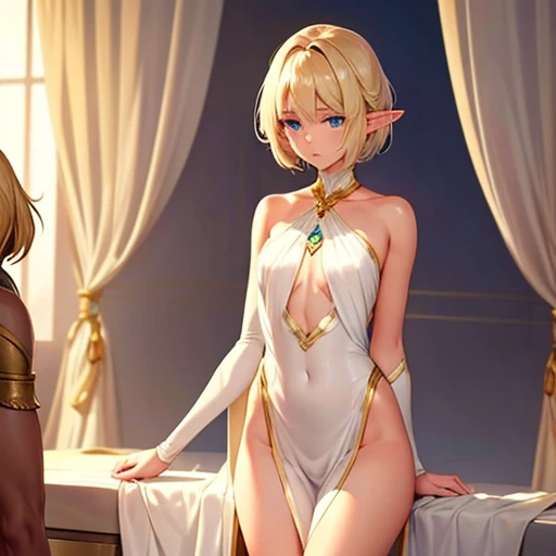 The elf is very beautiful, her body is slim and toned, His skin and hair are white with gold tones., His eyes are golden with a beautiful shine., his countenance is very attractive, her hair short but well combed, Her legs are slim and toned and her hands look very delicate both physically and mentally..