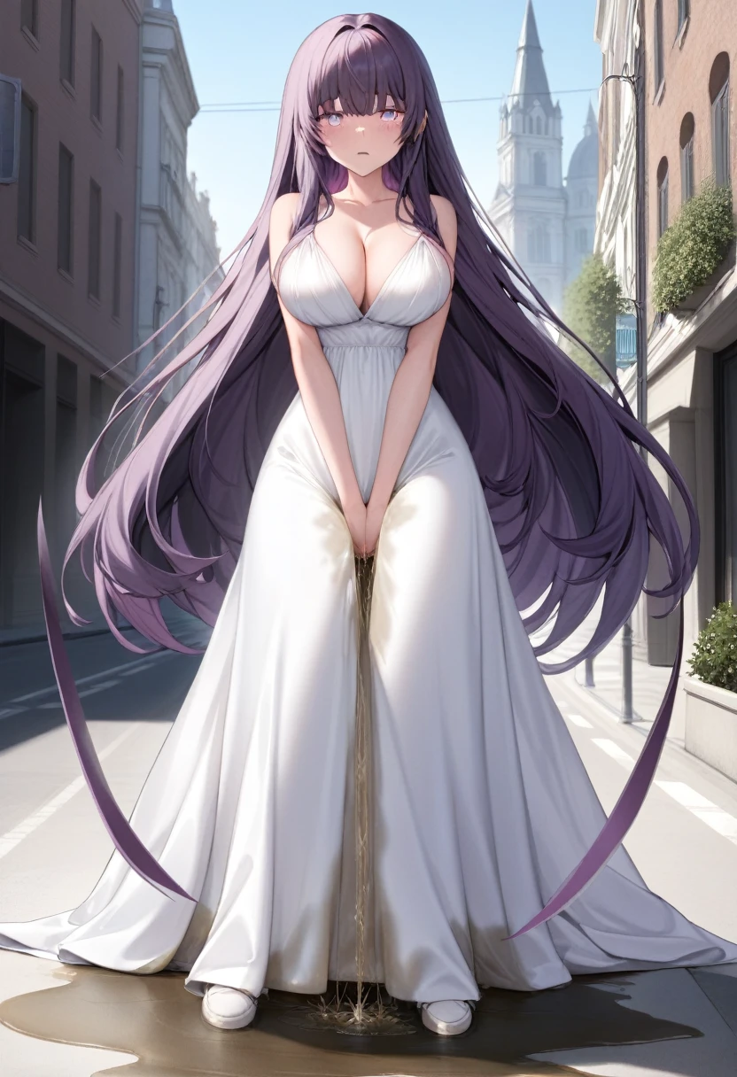(masterpiece:1.37), best quality, (extremely detailed:1.37) woman, (adult:1.5), (very long hair:1.5), dark purple hair, purple eyes, (extremely detailed eyes:1.37), breasts, (very long dress:1.5), (hobble dress:2.0), white dress, (wetting herself:2.0), standing straight, full body day, daytime, glow, facing viewer, perfect composition, full body, city, street