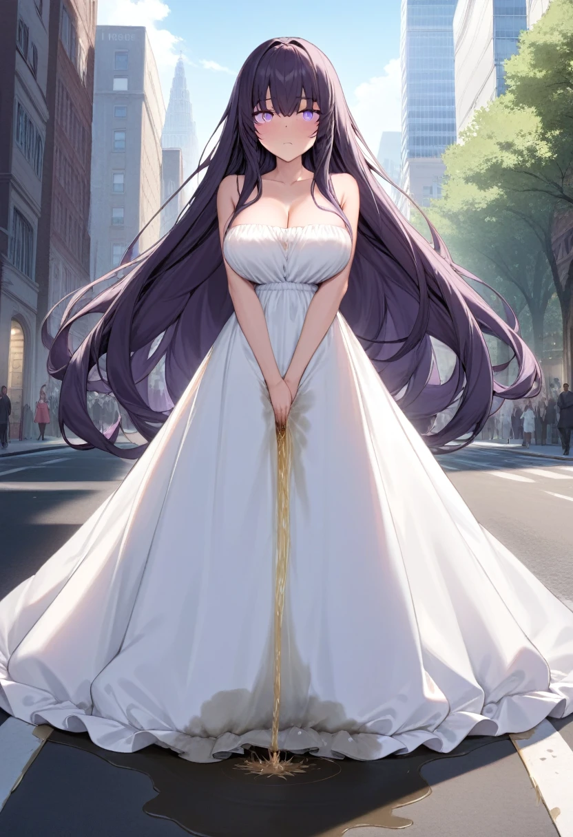 (masterpiece:1.37), best quality, (extremely detailed:1.37) woman, (adult:1.5), (very long hair:1.5), dark purple hair, purple eyes, (extremely detailed eyes:1.37), breasts, (very long dress:1.5), (hobble dress:2.0), white dress, (wetting herself:2.0), standing straight, full body day, daytime, glow, facing viewer, perfect composition, full body, city, street