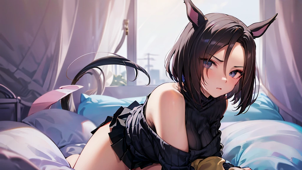(((masterpiece))),(((High resolution)))、(((perfect face)))、(((Air Groove)))、, (((off shoulder tight sweater, mini black skirt))), Plump, top quality eyes, detailed texture, look at the camera, big tits, ((high resolution face))