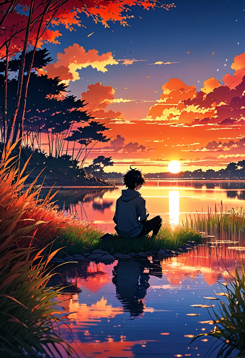 anime landscape of a boy sitting near a lake shore with small grasses, sunset with orange and red hellish clouds, anime nature wallpapers, beautiful anime scene, beautiful anime peace scene, Makoto Shinkai Cyril Rolando, beautiful anime scene, amazing wallpaper, anime art wallpaper 8k, anime background, art anime background, anime 4k wallpaper, anime art 4k wallpaper, anime art 4k wallpaper,