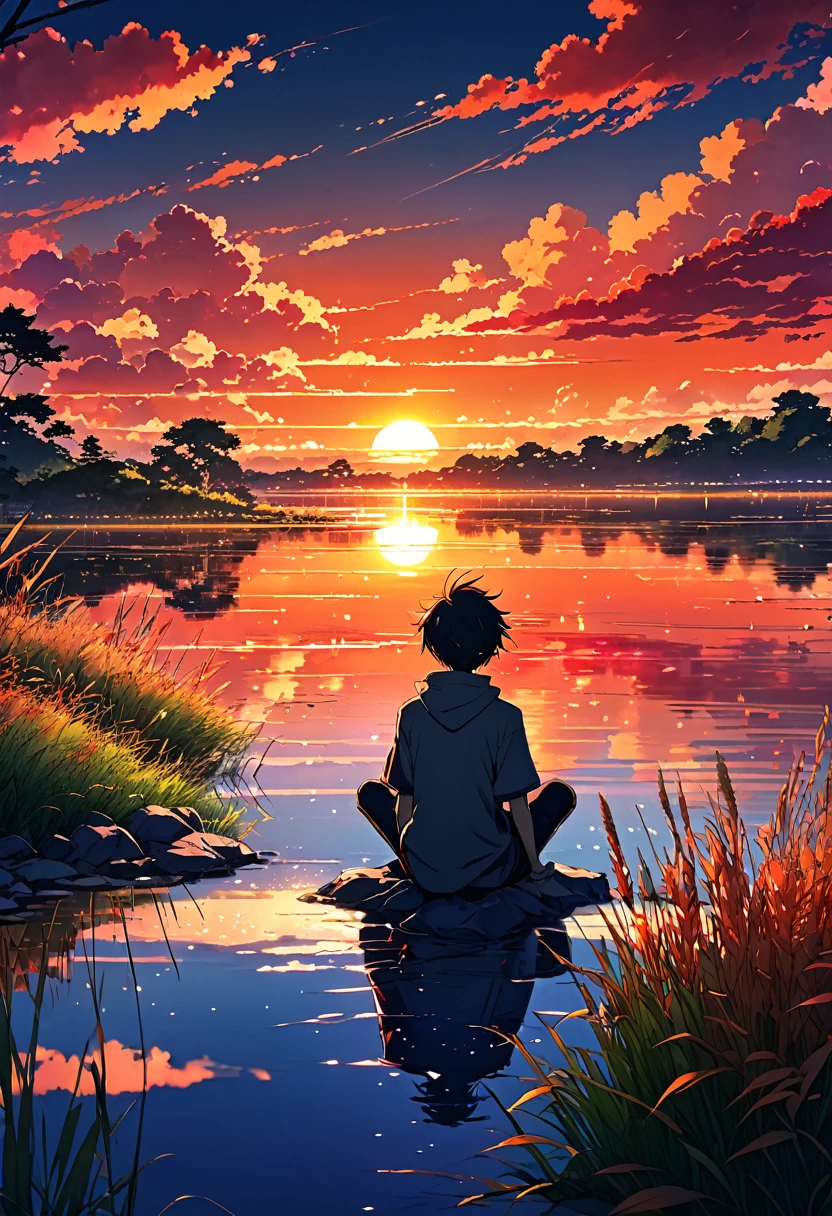 anime landscape of a boy sitting near a lake shore with small grasses, sunset with orange and red hellish clouds, anime nature wallpapers, beautiful anime scene, beautiful anime peace scene, Makoto Shinkai Cyril Rolando, beautiful anime scene, amazing wallpaper, anime art wallpaper 8k, anime background, art anime background, anime 4k wallpaper, anime art 4k wallpaper, anime art 4k wallpaper,