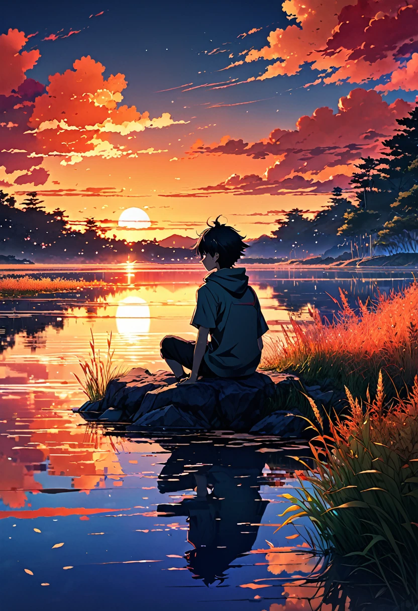 anime landscape of a boy sitting near a lake shore with small grasses, sunset with orange and red hellish clouds, anime nature wallpapers, beautiful anime scene, beautiful anime peace scene, Makoto Shinkai Cyril Rolando, beautiful anime scene, amazing wallpaper, anime art wallpaper 8k, anime background, art anime background, anime 4k wallpaper, anime art 4k wallpaper, anime art 4k wallpaper,
