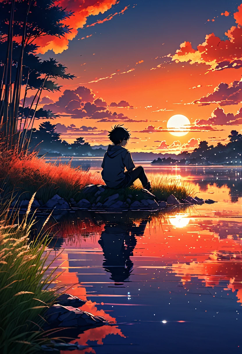 anime landscape of a boy sitting near a lake shore with small grasses, sunset with orange and red hellish clouds, anime nature wallpapers, beautiful anime scene, beautiful anime peace scene, Makoto Shinkai Cyril Rolando, beautiful anime scene, amazing wallpaper, anime art wallpaper 8k, anime background, art anime background, anime 4k wallpaper, anime art 4k wallpaper, anime art 4k wallpaper,