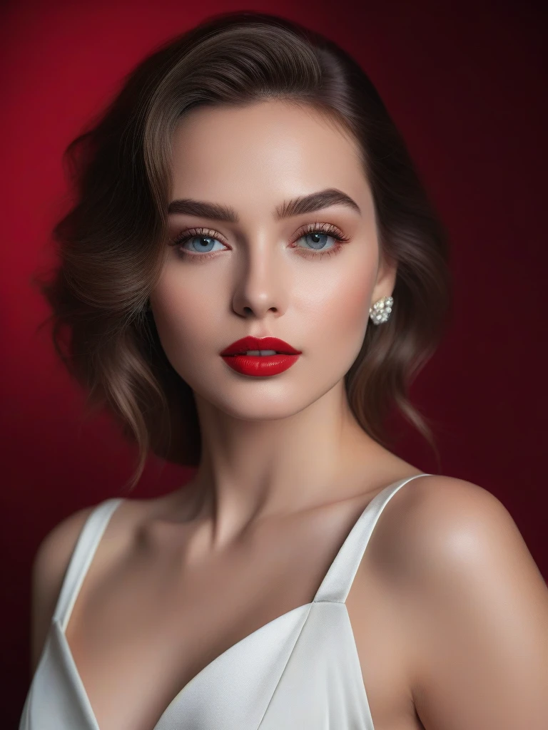 (best quality,4k,8k,highres,masterpiece:1.2),ultra-detailed,(realistic,photorealistic,photo-realistic:1.37),beautiful eyes,beautiful lips,detailed face,red lipstick,gorgeous woman,white dress,elegant fashion model,elegant look,long eyelashes,confident expression,flawless skin,posing gracefully,flowing fabric,soft and silky material,graceful movement,vibrant colors,artistic lighting,studio photo shoot, dreamy atmosphere
