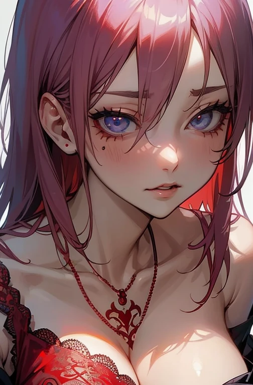 Cool women、sexy、Center of chest、Rize from Chainsaw Man、beauty、Yandere、、Face close-up、Kiss with your eyes closed、Chest tattoo、Red lace、necklace、