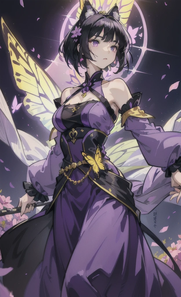 cute beautiful girl,black hair,purple eyes,straight hair,Wolf cut hair,fit,The chest is not large.,wearing a purple princess dress,The atmosphere has many colored flowers.,yellow light,There is a butterfly