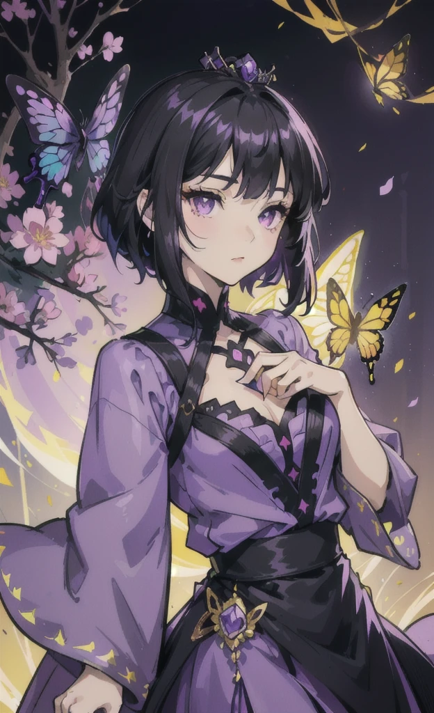 cute beautiful girl,black hair,purple eyes,straight hair,Wolf cut hair,fit,The chest is not large.,wearing a purple princess dress,The atmosphere has many colored flowers.,yellow light,There is a butterfly