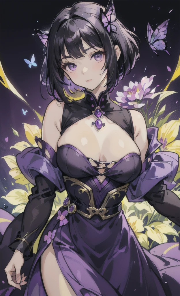 cute beautiful girl,black hair,purple eyes,straight hair,Wolf cut hair,fit,The chest is not large.,wearing a purple princess dress,The atmosphere has many colored flowers.,yellow light,There is a butterfly