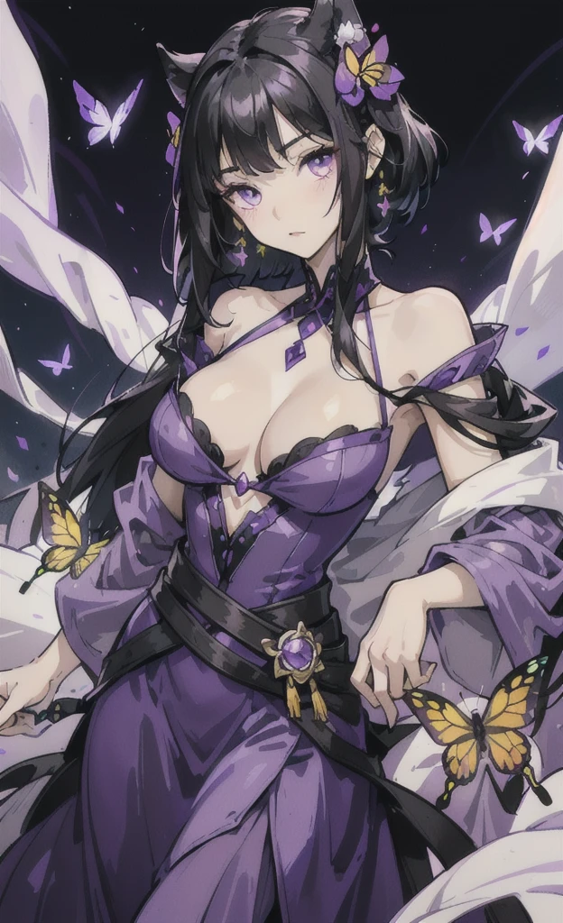 cute beautiful girl,black hair,purple eyes,straight hair,Wolf cut hair,fit,The  is not large.,wearing a purple princess dress,The atmosphere has many colored flowers.,yellow light,There is a butterfly