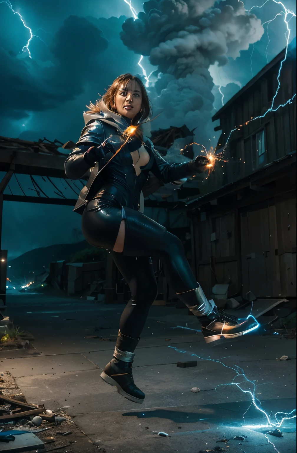 (Best quality, 8k, 32k, Masterpiece, UHD:1.2), "Transform the scene into a dynamic and electrifying moment where a character is surrounded by and emerging from a storm of lightning, energy, and power. Picture the character at the epicenter of a powerful electrical storm, with arcs of lightning crackling around them and illuminating the surroundings with intense flashes of blue and white light. ((jumping)) ((leaping))
The character's form is shrouded in a swirling vortex of raw energy, their silhouette glowing with a radiant aura. Bolts of lightning strike the ground and radiate outward, creating a web of electrical currents that pulse with life. The air is charged with static, and the ground beneath the character trembles from the sheer force of their power.
The character’s stance is one of dominance and control, their eyes glowing with an otherworldly intensity. Their attire and any visible equipment should appear to be infused with energy, emphasizing their connection to the elemental forces at play.
Capture the interplay of light and shadow as the lightning illuminates the scene, casting dramatic contrasts and highlighting the character’s commanding presence. The surrounding environment should reflect the chaos and intensity of the storm, with debris swirling and objects electrified by the immense power.
The scene should evoke a sense of awe and excitement, showcasing the character's overwhelming strength and their mastery over the elemental forces of lightning and energy."