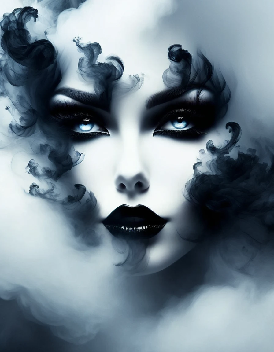 gothic art，dream，（There is only one stunning close-up of her face），Gothic makeup，black and white smoke floating around，simple white background，A lot of white space