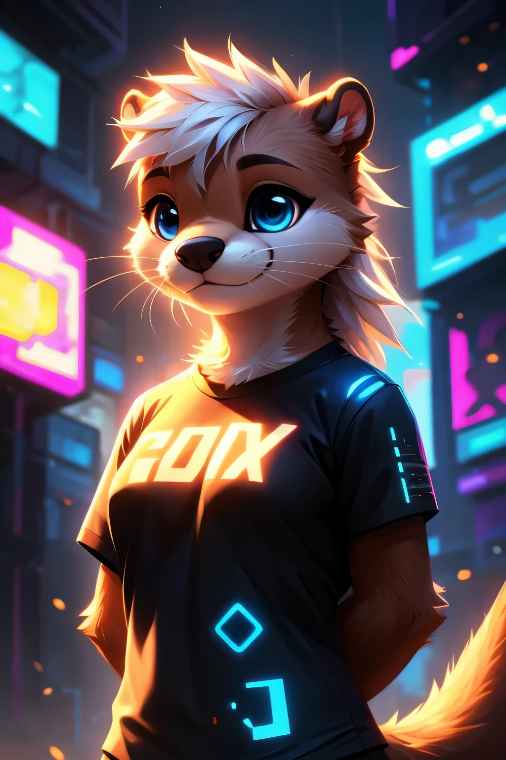 (Cyberpunk), (hands behind back), furry, otter, female, white fur, super cute face, blue aviator glasses, ear piercing, big breast, detail elements on fur, glowing t-shirt, beautiful lights and shadows, ambient light, super fine fur, volumetric light,