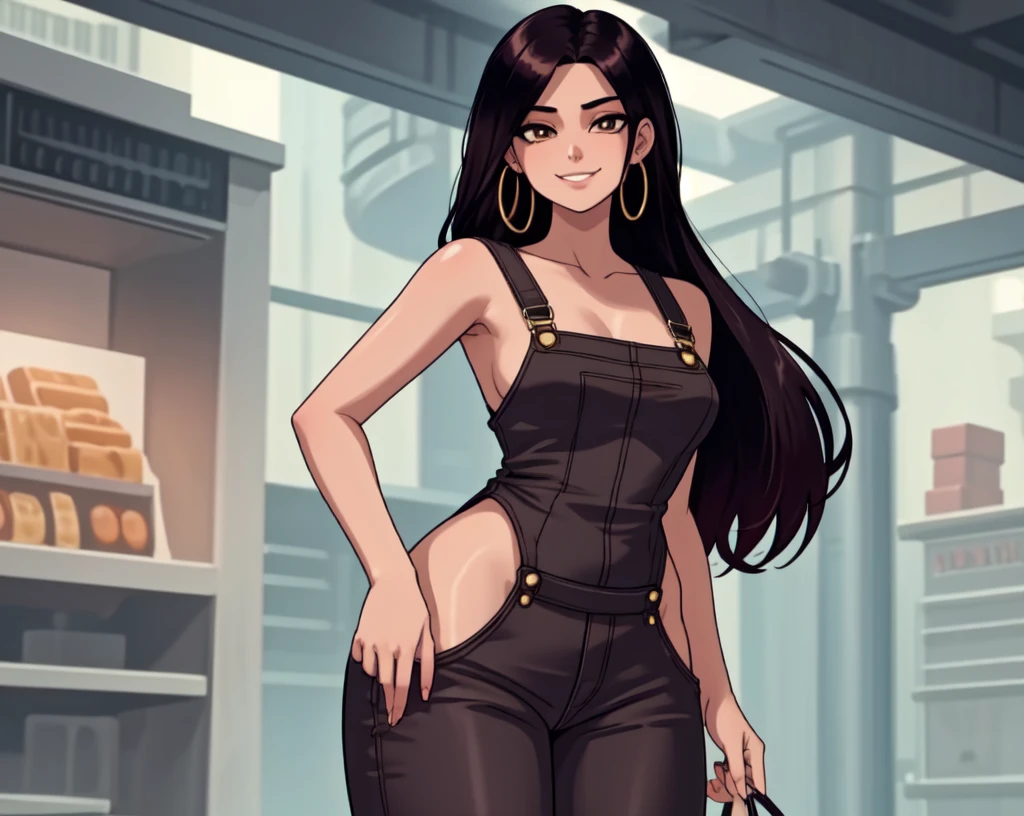 masterpiece, best quality,1girl,young girl,brown eyes, drill hair, evil smile, shiny skin, thin waist, mall, (((long hair))), (curvy), ((wide hips)), ((hoop earrings)), small breads, sexy overalls