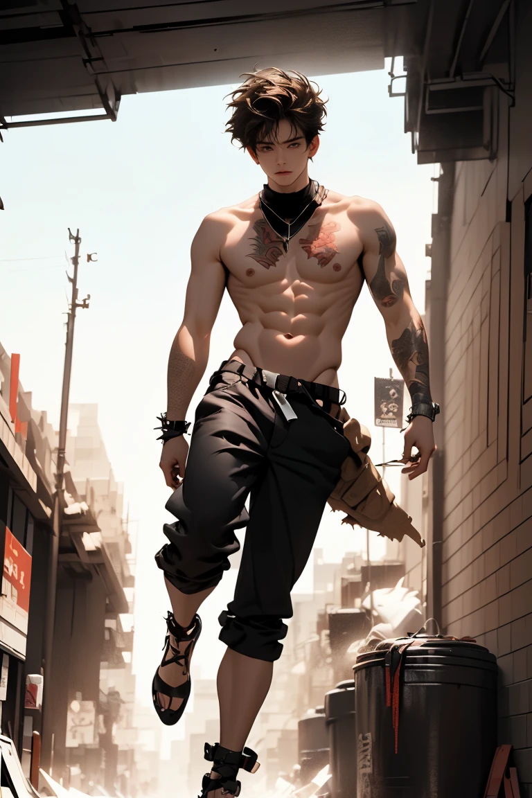 Ultra-realistic CG K ,((premium、8k、32k、Masterpiece、NFFSW:1.3)), (superfine illustration)、(super high resolution), (((adult body))), (((1 young man masculine features:1.5))), ((( modern short hair))), 25 year old cyberpunk gladiator with perfect body, Shoulder pads with metal spikes., Gladiadores in Brooklyn, (( short hair bob )), Torn rugby team t-shirt, wild urban style by Simon Bisley, short brown hair, sportswear, Metallic protection on the left arm with complex graphics....., Dark red with white stars and blue and white stripes.,(( sensual elegant pose:1.5)), armor, Full of spikes and rivets., poison tattoo (((Image from the knee up))), short brown hair, In the background、 There is a wall with an intricate design painted by Shepard Fairey.....