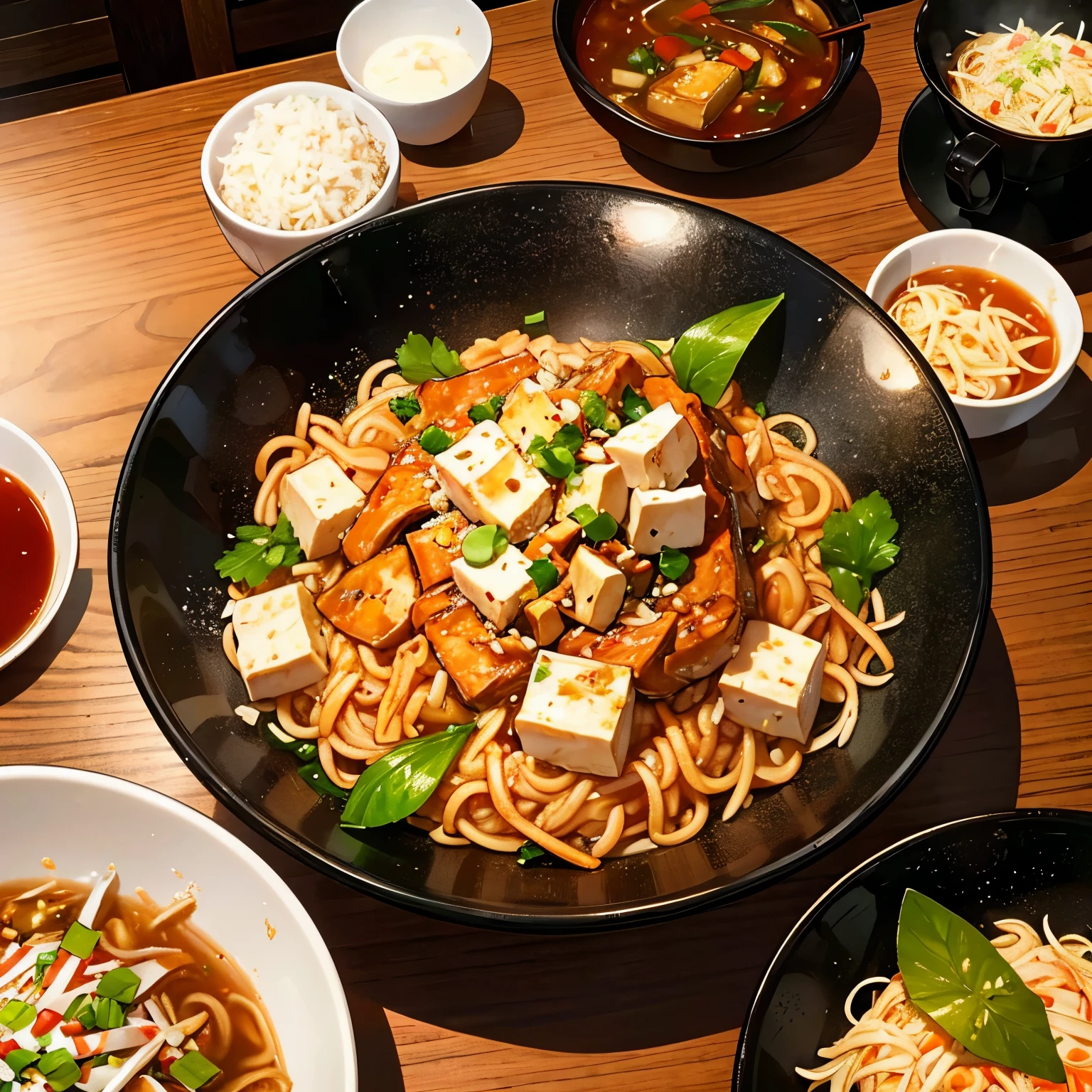imagen ultra realist, closeup of an asian restaurant table, with Chinese chopsticks and tea, closeup of a bowl of pad thai, with tofu on top, realist , professional cinematographic photography