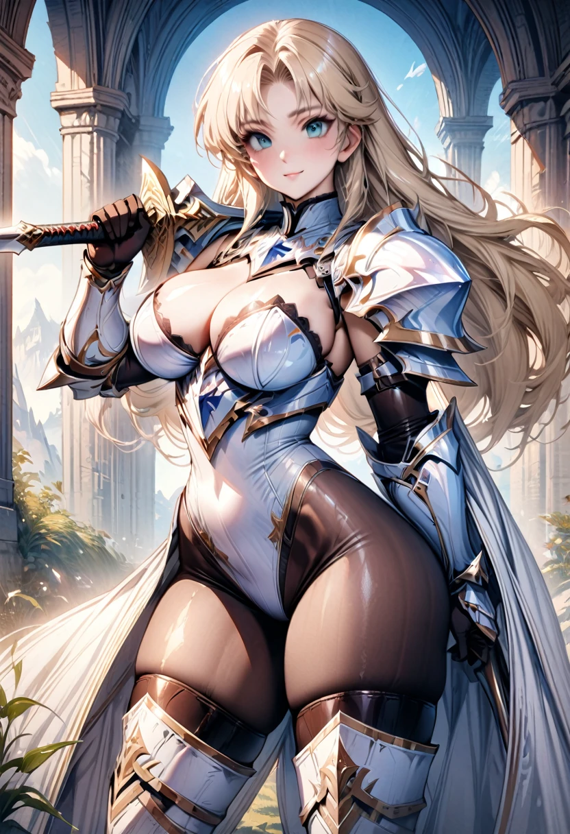 ((highest quality)), ((masterpiece)), ((hyperrealistic)), (detailed background), solo, 1girl, ((curvy: 1.2)), kawaii, gentle smile, ((Princess Knight)), langrisser, blonde braided long hair, ((white leotard: 1.5)), (white paladin armor: 1.3), ((Tight-fitting latex leotard bodysuit)),((Wielding sword: 1.2)), Holding a Sword, swing down the Sword, Sword at the ready, hold the handle of a Sword, ((large breasts)), ((arm guard gauntlet)), leather long gloves, ((zettai ryouiki thigh boots)), (big butt), (cleavage cutout), (See-through brown tights), (thigh), beautiful aqua eyes, droopy eyes, parted bangs, perfect face, Perfect hands, perfect fingers, Blue sky and grassland,