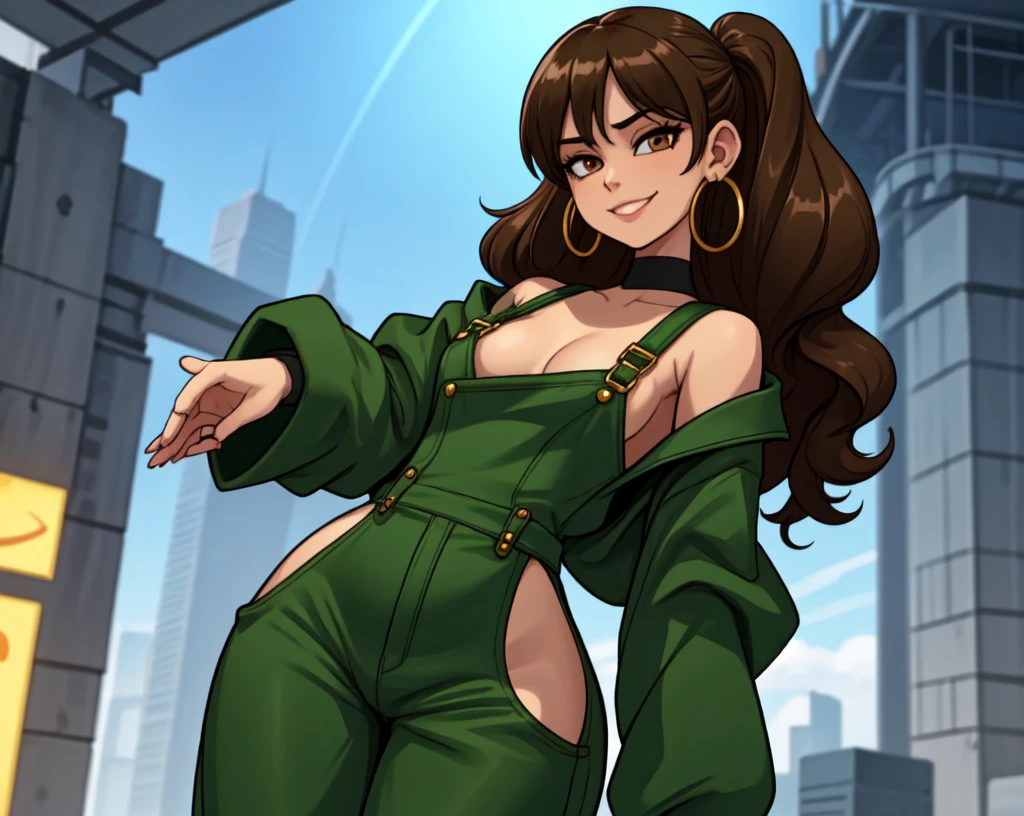 masterpiece, best quality,1girl,young girl, brown eyes, green drill hair, evil smile, shiny skin, thin waist, mall, (((long hair))), (curvy), ((wide hips)), ((hoop earrings)), small breads, sexy overalls