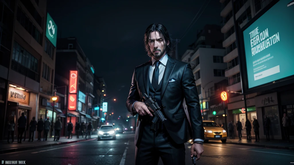 Create artwork for a thumbnail for a shooter game with the following features:
- Protagonist: An anthropomorphic frog in an intense action pose, wearing a stylish black suit like John Wick. The frog should be holding two firearms, one in each hand.
- Background: A neon-lit alley or a city at night with light effects and smoke. Add visual elements like sparks, gunfire, and light reflections.
- Highlights: Use vibrant colors like red and neon blue in the frog’s eyes and weapons. Create strong contrast with accentuated shadows.
- Text: "THE NEW JOHN WICK OF GAMES!" at the top of the image in a large, bold font. "Frog + Guns = Pure Action!" in a smaller font below.
- Additional Elements: Game logo in the lower right or left corner. Platform icons (PC, PlayStation, Xbox) in the opposite lower corner.
- Style: Combine realism with cartoon elements. Use dynamic camera angles and adjust perspective for a sense of movement.
- Format: High resolution, suitable for video thumbnails.
Thumbnail Title: "🔫 *PEPE WICK* Ataca! | O **Novo** Herói dos Games de Tiro 🐸🔥"