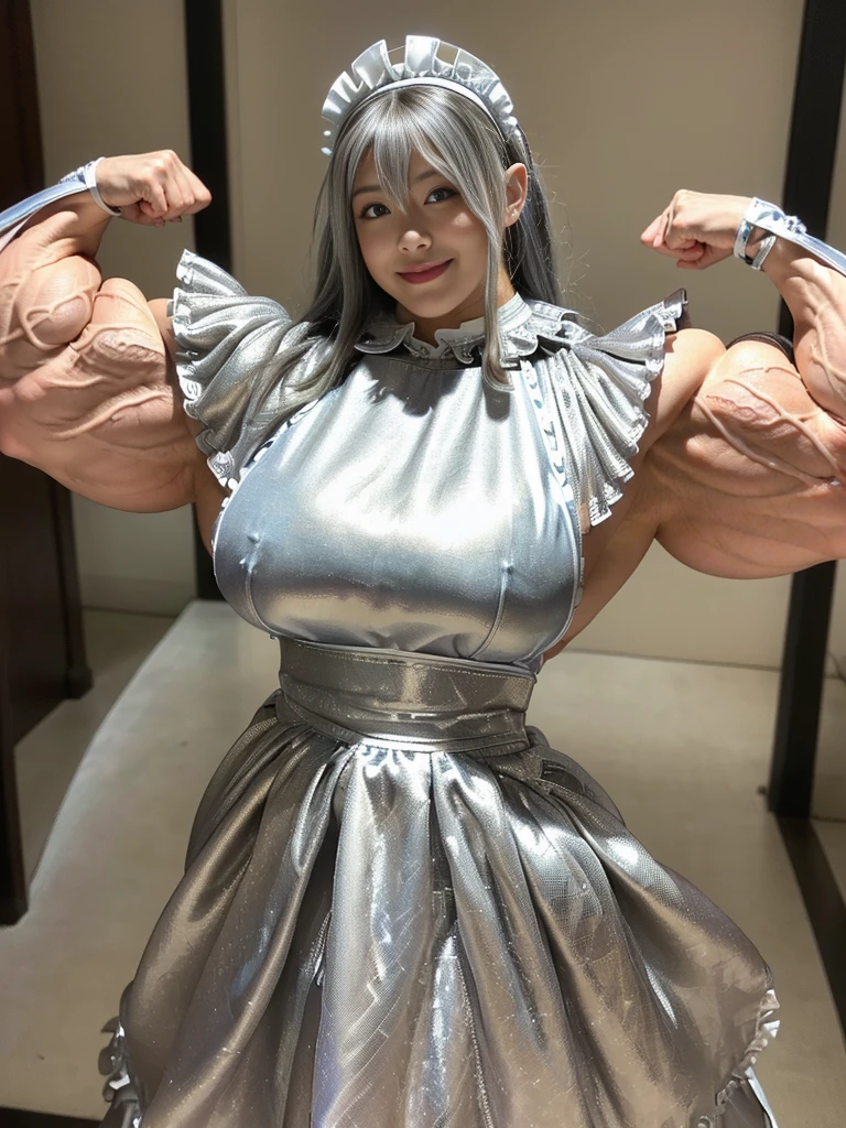 Very detailed、Masterpiece、highest quality、High resolution、8K、Full body photo、One girl、Silver Hair、smile、(((Maid Costume:1.5)))、ビキニ、(((Big muscle:1.2)))、(((Very big muscle:1.2)))、(((huge muscle:1.2)))、(((超huge muscle:1.2)))、(((Incredibly huge muscle:1.2)))、(((Unbelievably huge muscle:1.2)))、(((Huge)))、(((超Huge)))、(((The biggest muscle in the world)))、