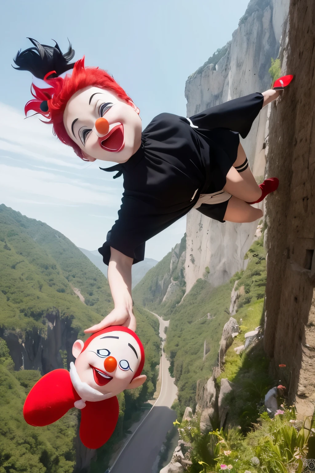 high high quality,A clown, named Pierrot, is depicted in a cartoonish drawing, bebado, falling, from a ravine, comedy, style. With a large red nose and mismatched shoes, he is falling toward a colorful background, creating a humorous and eccentric scene. Inspired by the classic comic strip style, the drawing is characterized by exaggerated expressions and simple, bold lines. Pierrot's big, expressive eyes are wide with surprise and his mouth is open in a laugh, suggesting he is enjoying the fall. The comic strip is done in photorealistic quality, with a high level of detail in Pierrot's face and clothing. Masterpiece, best quality,