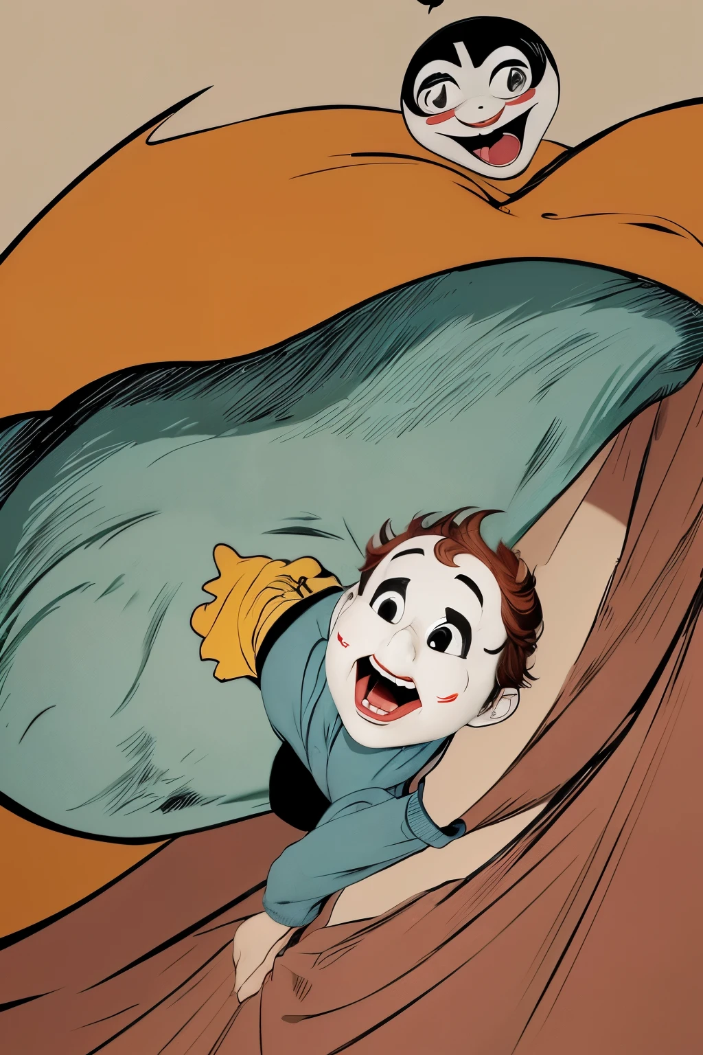 high high quality，A clown, named Pierrot, is depicted in a cartoonish drawing, bebado, falling, from a ravine, comedy, style. With a large red nose and mismatched shoes, he is falling toward a colorful background, creating a humorous and eccentric scene. Inspired by the classic comic strip style, the drawing is characterized by exaggerated expressions and simple, bold lines. Pierrot's big, expressive eyes are wide with surprise and his mouth is open in a laugh, suggesting he is enjoying the fall. The comic strip is done in photorealistic quality, with a high level of detail in Pierrot's face and clothing. Masterpiece, best quality, 
