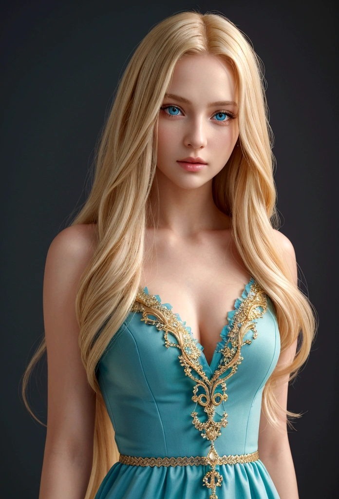 Standing female figure with long blonde hair, green eyes, a white dress, and golden accessories. Extremely detailed skin, detailed beautiful face, high detail eyes, photo-realistic, soft light, solo, full body. (Best quality, UHD, 8K wallpaper, High resolution).