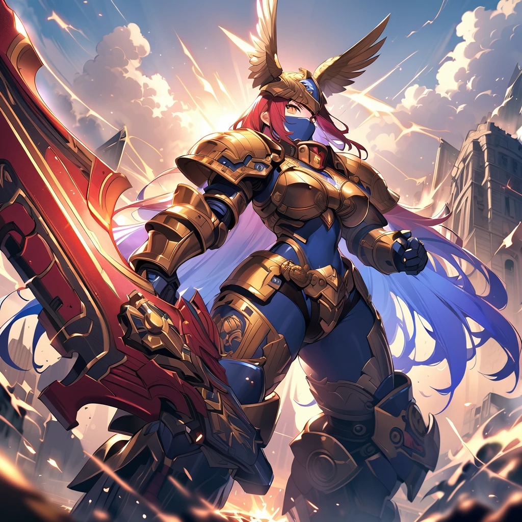 An Epic Fantasy Masterpiece in 8K Anime Digital Art Style, inspired by Warhammer 40k, presents a Battle Sister of the Fierce Anthro Goddess, wielding a Thundering Power Sword with an exquisite level of detail. Dressed in Elegant Space Marine Armor, meticulously engraved and glowing with a luminosity befitting a masterpiece, she stands tall and ready for combat amidst a Chaotic Battlefield. The imagery encapsulates the Essence of Intense Conflict, serving as a Visual Feast that demonstrates the height of artistry and quality in this genre. The High-Resolution Anime Digital Art style
