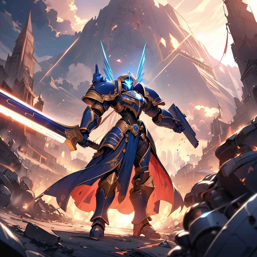 An Epic Fantasy Masterpiece in 8K Anime Digital Art Style, inspired by Warhammer 40k, presents a Battle Sister of the Fierce Anthro Goddess, wielding a Thundering Power Sword with an exquisite level of detail. Dressed in Elegant Space Marine Armor, meticulously engraved and glowing with a luminosity befitting a masterpiece, she stands tall and ready for combat amidst a Chaotic Battlefield. The imagery encapsulates the Essence of Intense Conflict, serving as a Visual Feast that demonstrates the height of artistry and quality in this genre. The High-Resolution Anime Digital Art style