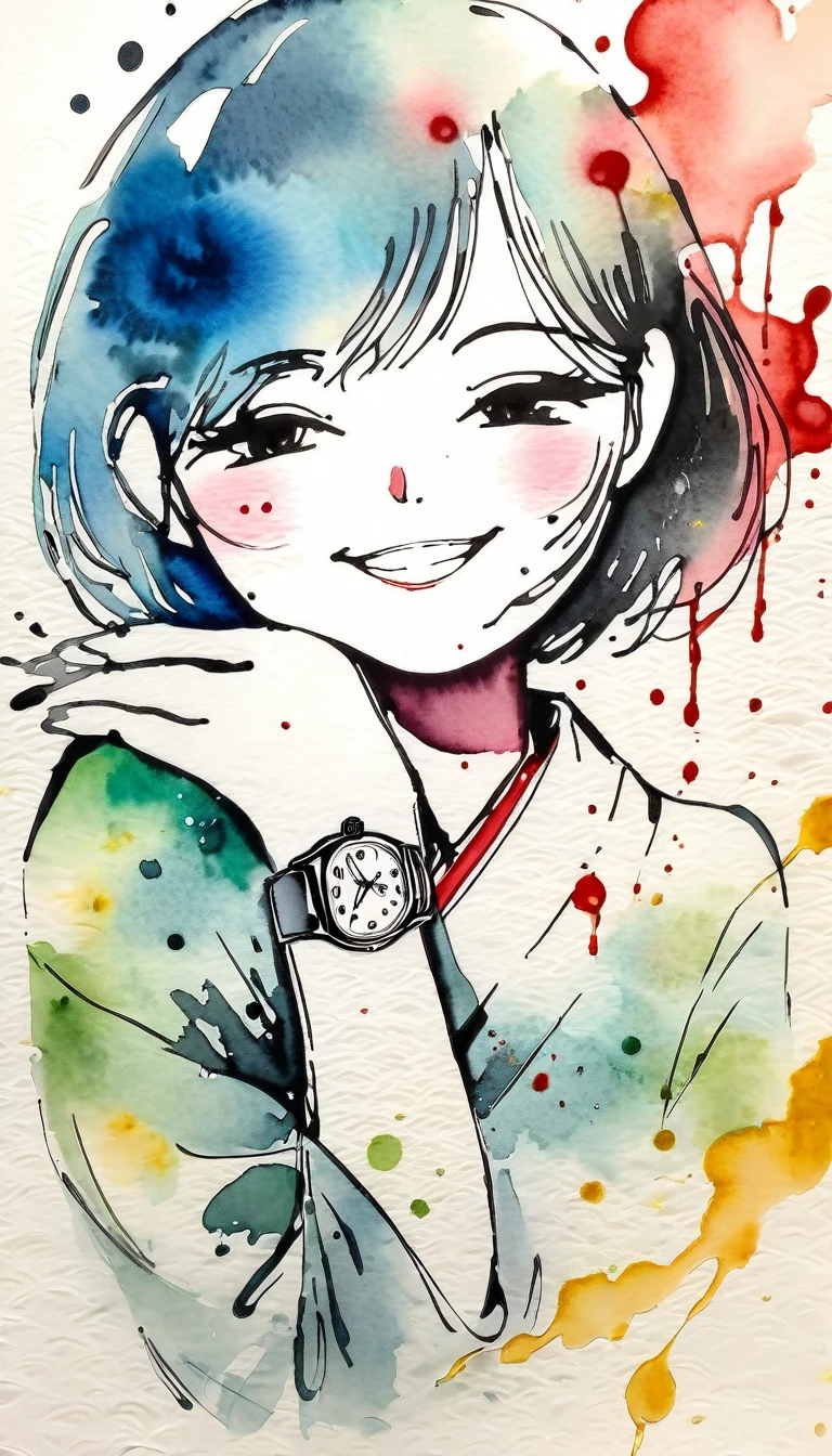Cute Smile.(Ink drawing on Japanese paper, Bleeding easily)(Contemporary art like a picture book) (Transparent watercolor) (Light itself is expressed as reality) (Soft layer, Rich colors) (Water-diluted paint colors) (deep, Delicate colors),She is holding out a broken watch。