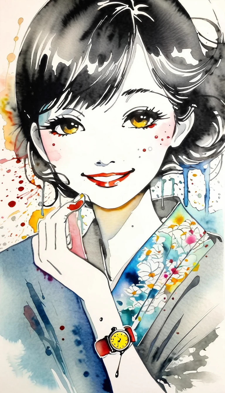 Cute Smile.(Ink drawing on Japanese paper, Bleeding easily)(Contemporary art like a picture book) (Transparent watercolor) (Light itself is expressed as reality) (Soft layer, Rich colors) (Water-diluted paint colors) (deep, Delicate colors),She is holding out a broken watch。