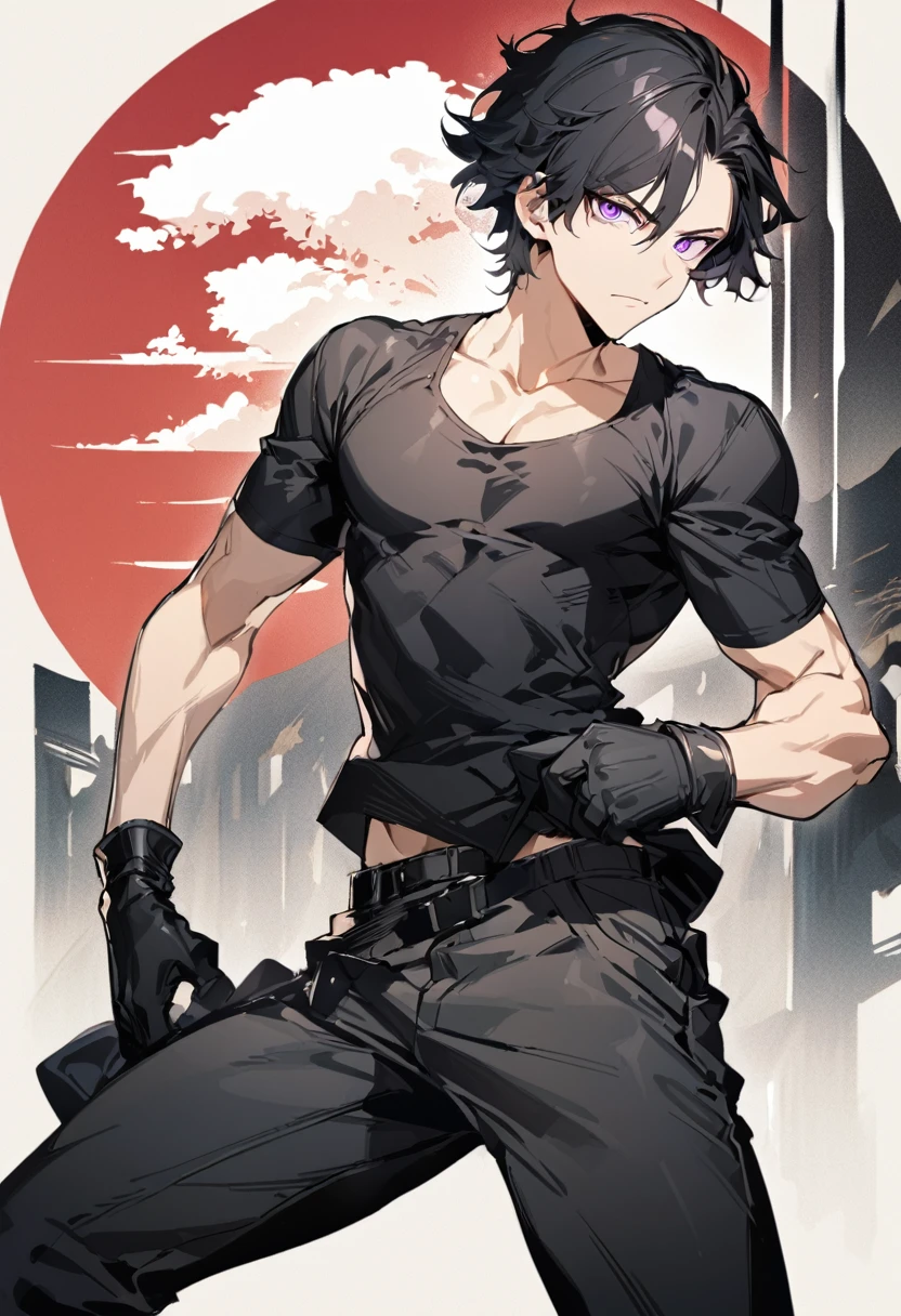 Masterpiece, Perfect face, expressive eyes, he is dressed in a black jacket and black pants, 1boy, male focus, solo, black gloves, gloves, black hair, short hair, clean hair, shirt, pants, purple eyes, tight black tank top, black pants, looking at viewer, Japan background, , short sleeves, Bleach style, Bleach