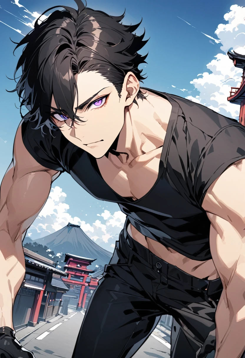 Masterpiece, Perfect face, expressive eyes, he is dressed in a black jacket and black pants, 1boy, male focus, solo, black gloves, gloves, black hair, short hair, clean hair, shirt, pants, purple eyes, tight black tank top, black pants, looking at viewer, Japan background, , short sleeves, Bleach style, Bleach