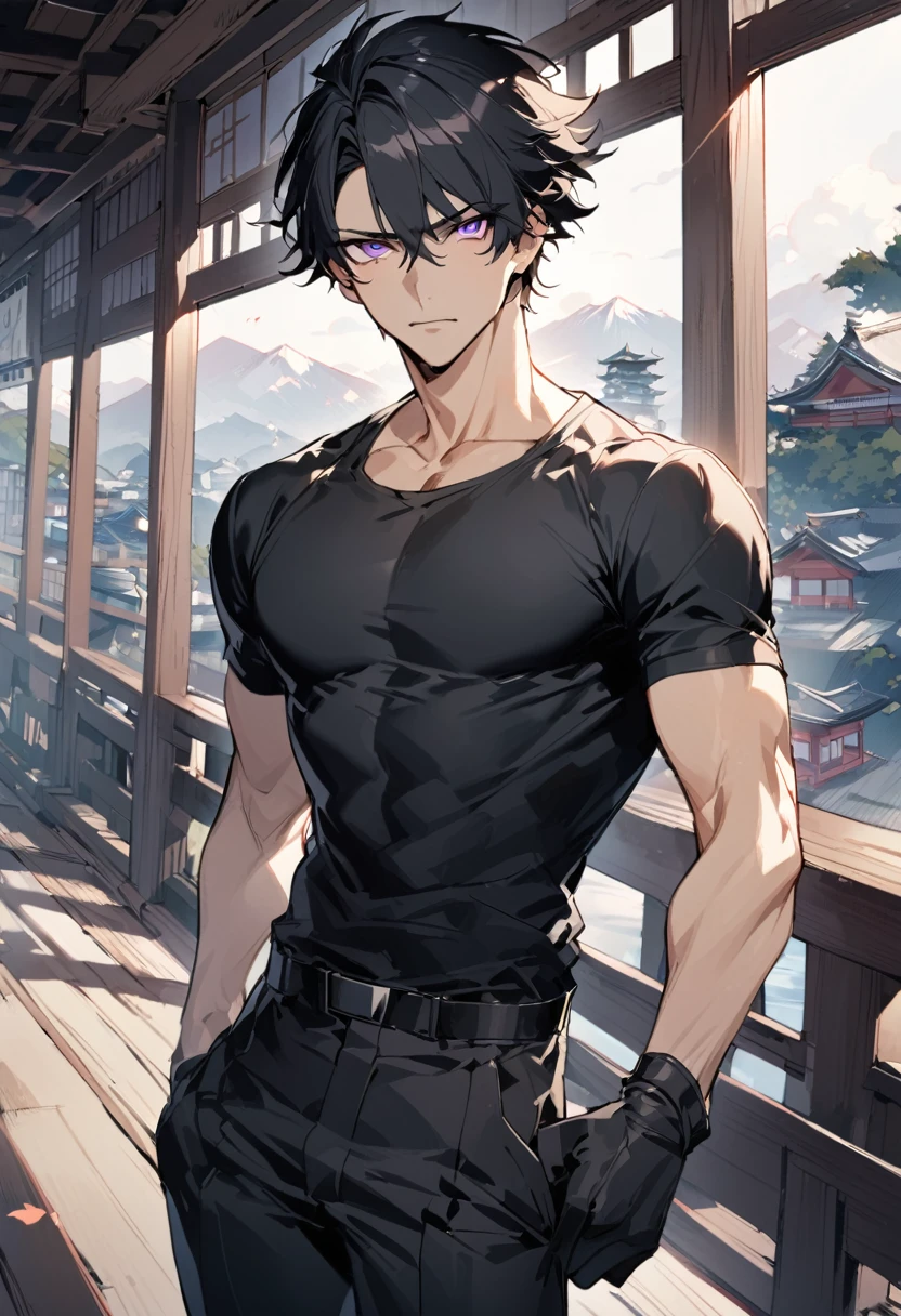 Masterpiece, Perfect face, expressive eyes, he is dressed in a black jacket and black pants, 1boy, male focus, solo, black gloves, gloves, black hair, short hair, clean hair, shirt, pants, purple eyes, tight black tank top, black pants, looking at viewer, Japan background, , short sleeves, Bleach style, Bleach