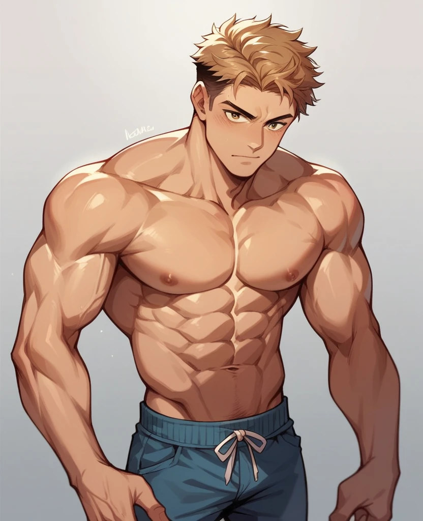 an anime boy, sexy looking straight into the camera in a mischievous way with brown and wavy hair,  and muscular 