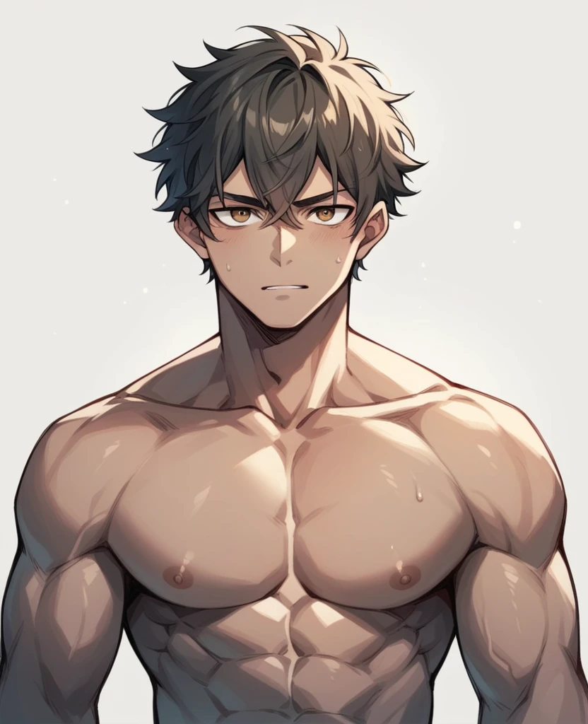an anime boy, sexy looking straight into the camera in a mischievous way with brown and wavy hair, shirtless and muscular 