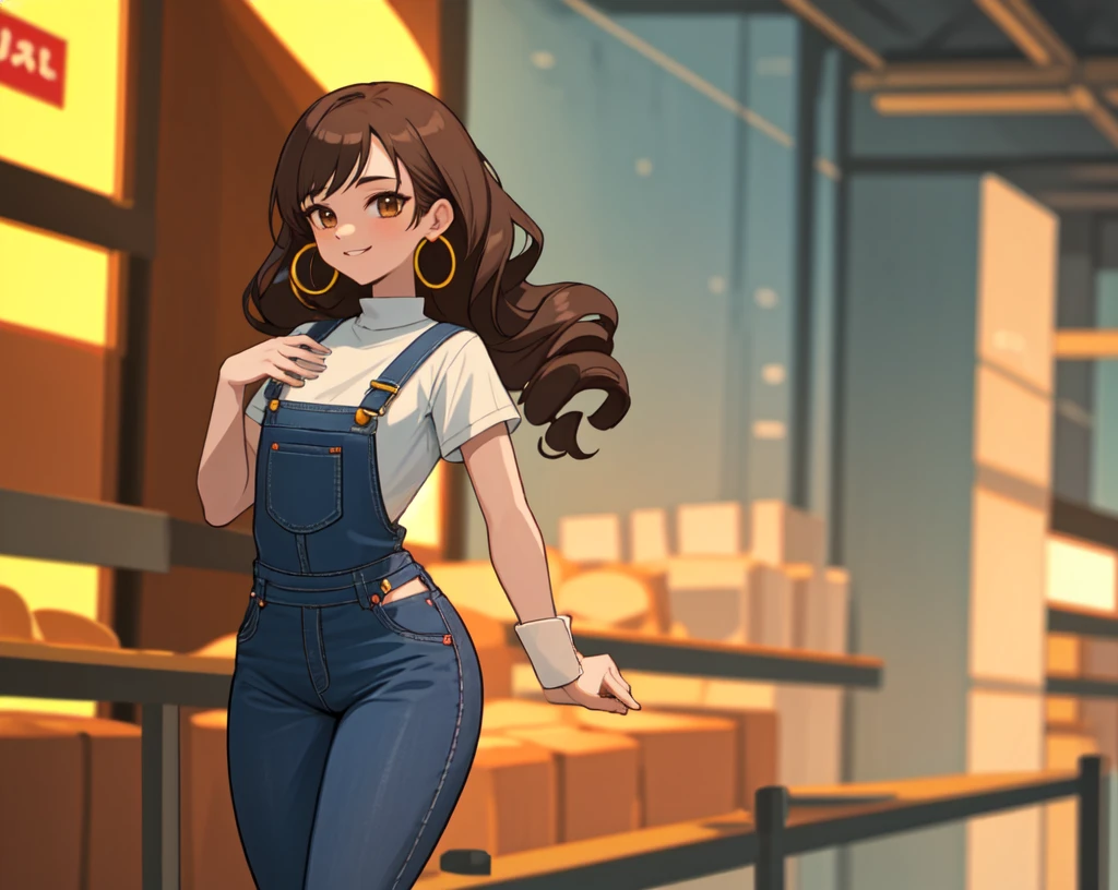 masterpiece, best quality,1girl,young girl,brown eyes, drill hair, evil smile, shiny skin, thin waist, mall, (((long hair))), (curvy), ((wide hips)), ((hoop earrings)), small breads, sexy overalls