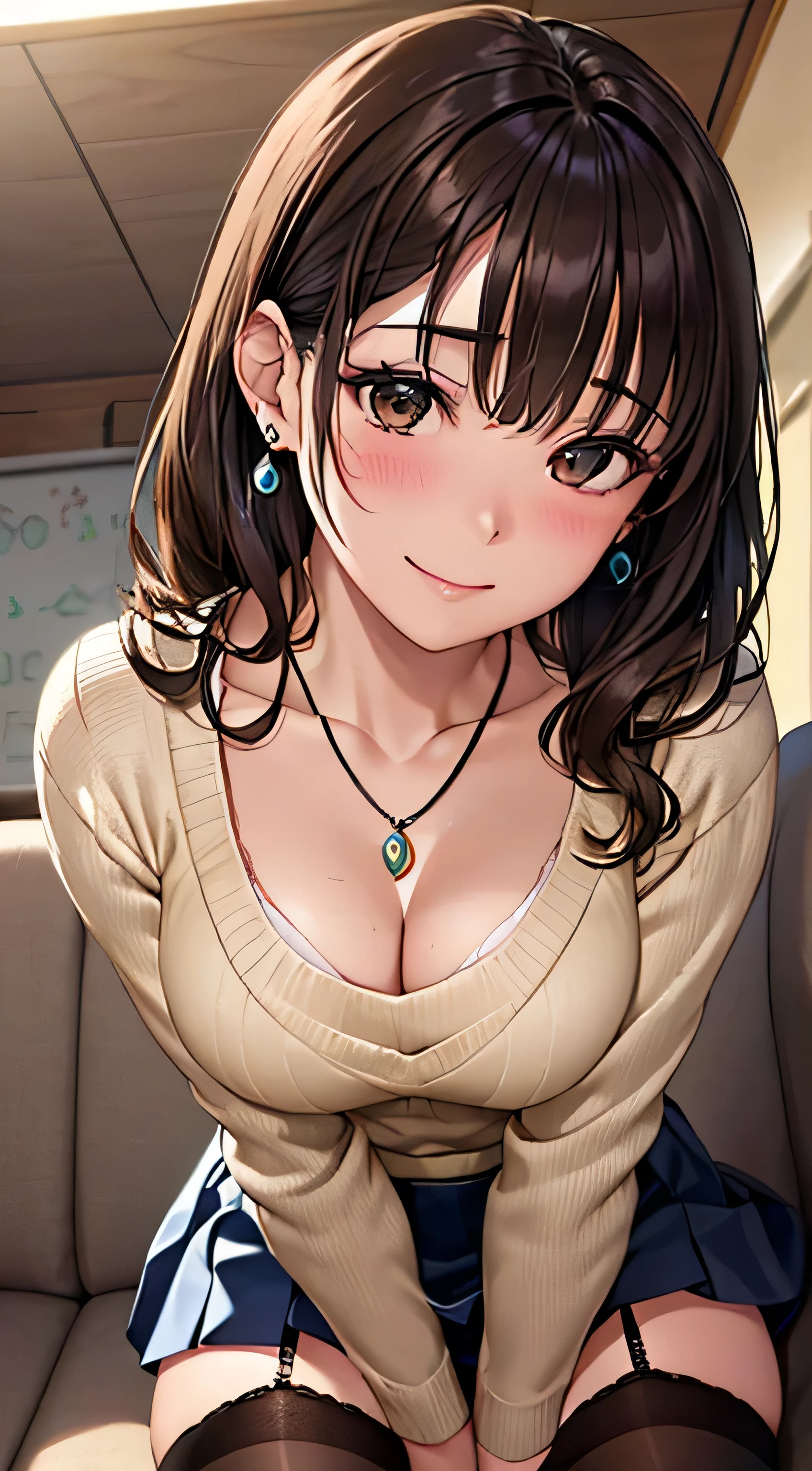 (Tabletop, Highest quality, High resolution, , Pixel Perfect, 4K,), 1 Girl, single, alone, Beautiful woman、I could see the whole body、 ((Wavy mid-length hair, bangs, Brown Hair)), ((Brown eyes, Beautiful eyelashes, Realistic eyes)), ((Detailed face, blush:1.2)), ((Smooth texture:0.75, Realistic texture:0.65, Realistic:1.1, Anime CG Style)), Center of , Dynamic Angle, Perfect body, ((, female teacher, , Earrings、necklace、Light beige open neck sweater、Long flared skirt in dark blue、Black knee-high stockings、Sitting on the floor、Please lift your skirt and show me your ..、A shy smile、Put your hands behind your back、Leaning forward、)), look up、Sit on the sofa、(、Pink lace 、、Angle from below)、