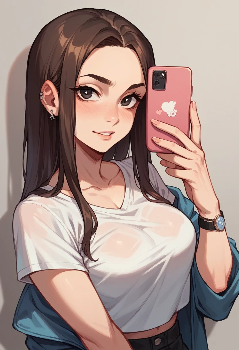 A brunette girl taking a selfie with iPhone