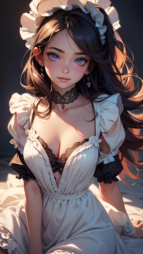 a beautiful detailed portrait of a girl with big eyes, full lips, smiling kindly, long eyelashes, wearing a frilly maid outfit of random colors, thin fabric clothing, in sensual poses, (best quality,4k,8k,highres,masterpiece:1.2),ultra-detailed,(realistic,photorealistic,photo-realistic:1.37),highly detailed face,maid clothes,intricate details,vibrant colors,dramatic lighting,structure of the film,anime-inspired art style,many moles on 