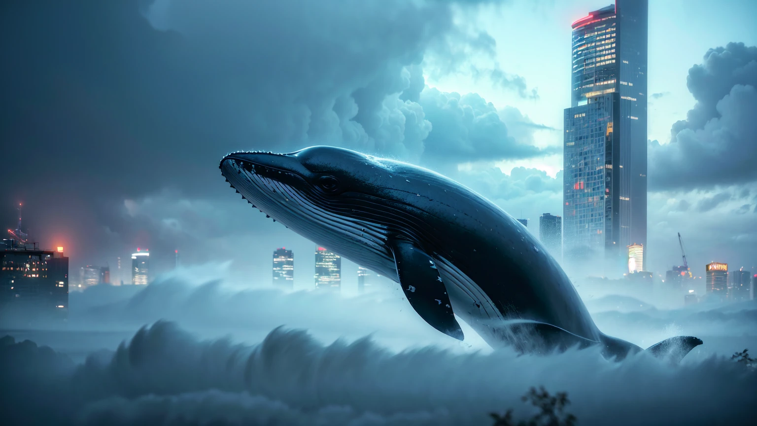 absurdres, A whale flying between skyscrapers,Only the huge tail fin is visible, Amazing person々, Heavy Rain, storm, Cloudy, darkness, storm, Vision, Mysterious Clouds, cliff,Thick Fog,Thick Fog, forest,  wood, Only light from the window, Poor visibility, Whale, Monster, flying, simple, flat desinge, 