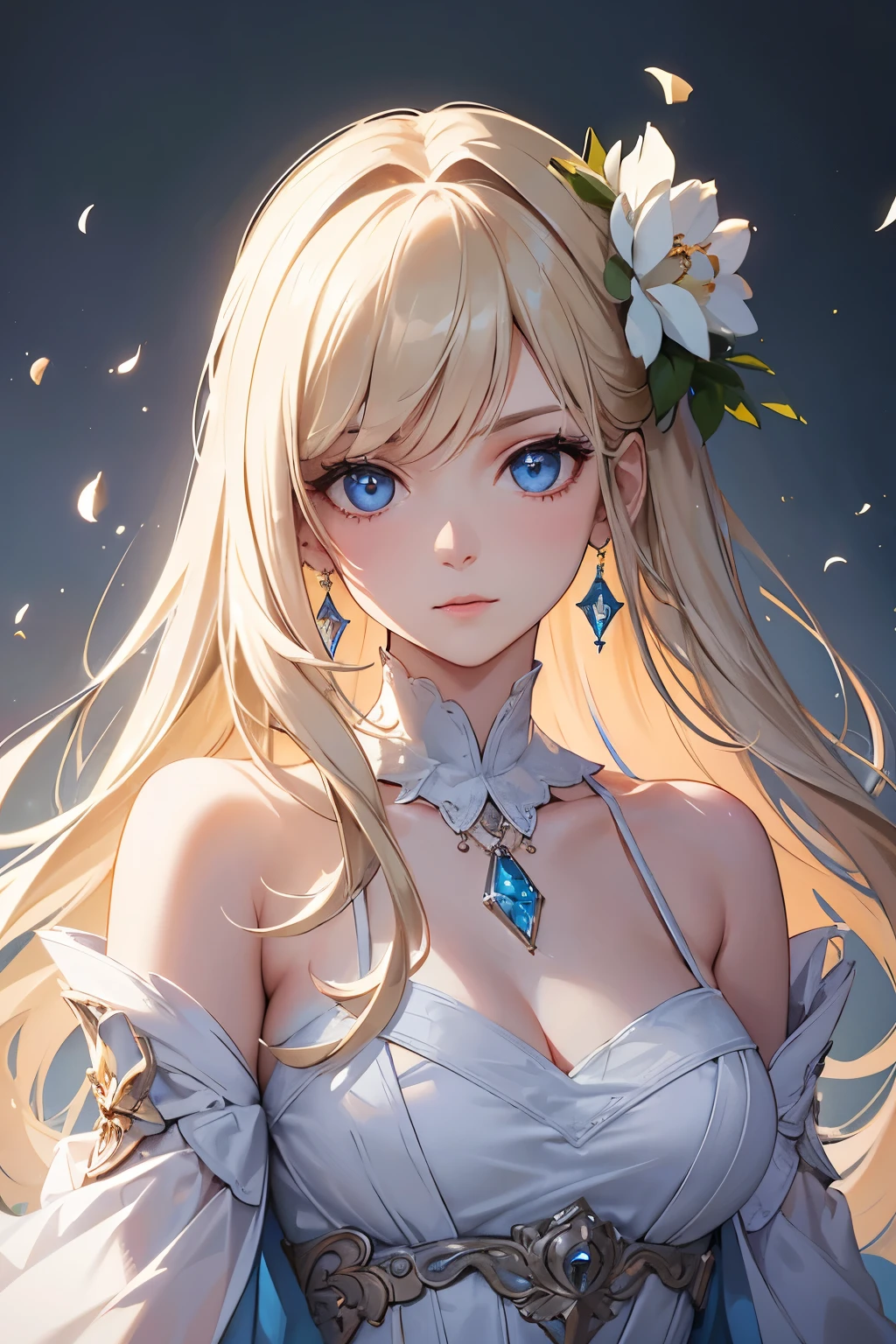 Phase One, ISO 100, lighting , sharpen , lightroom, fine art photography, highly detailed, 8 k, sharp details on face, photography, woman, looking at viewer, jewerly and hair on hair blonde, earrings, flowers, beauty, blue eyes. Full body. Dress.