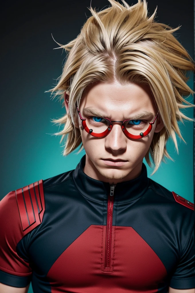 Boku no hero academia style Boy with hair with shades of blonde and black colors with red highlights,pale skin color tone with a scar on the left eye,dark blue eyes with some turquoise, piercings and circles under his eyes and red marks like cutters on his arms in the UA uniform